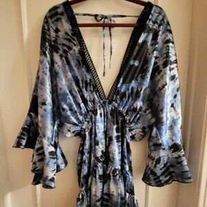 Sandi Blue Tie Dye Boho Mini Dress / Kimono Cover-Up – Size S